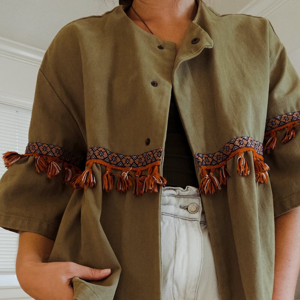 Olive Denim Fringe Jacket | Zara | Medium